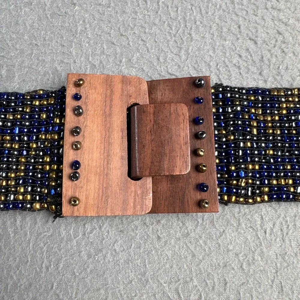 Handmade Indonesian Beaded Belt Navy Blue Gold Wood Buckle Boho Wide 29.5in